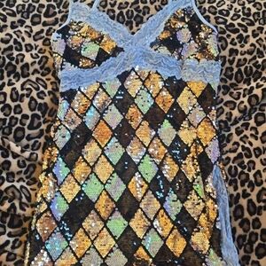 Sequin Harlequin Chemise with Lace Trim